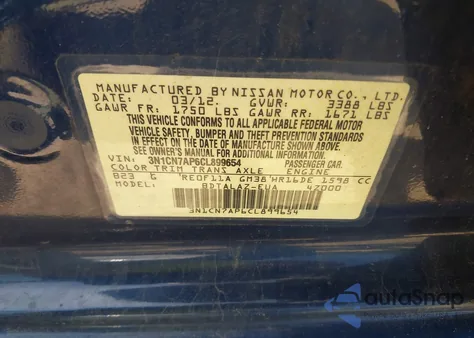 2012 Nissan Versa 1.6 S from USA, damaged, VIN 3N1CN7AP6CL899654